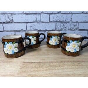 4 Atlantic Mold Ceramic Flower Barrel Coffee Mugs 1979 Handmade Vintage Mint